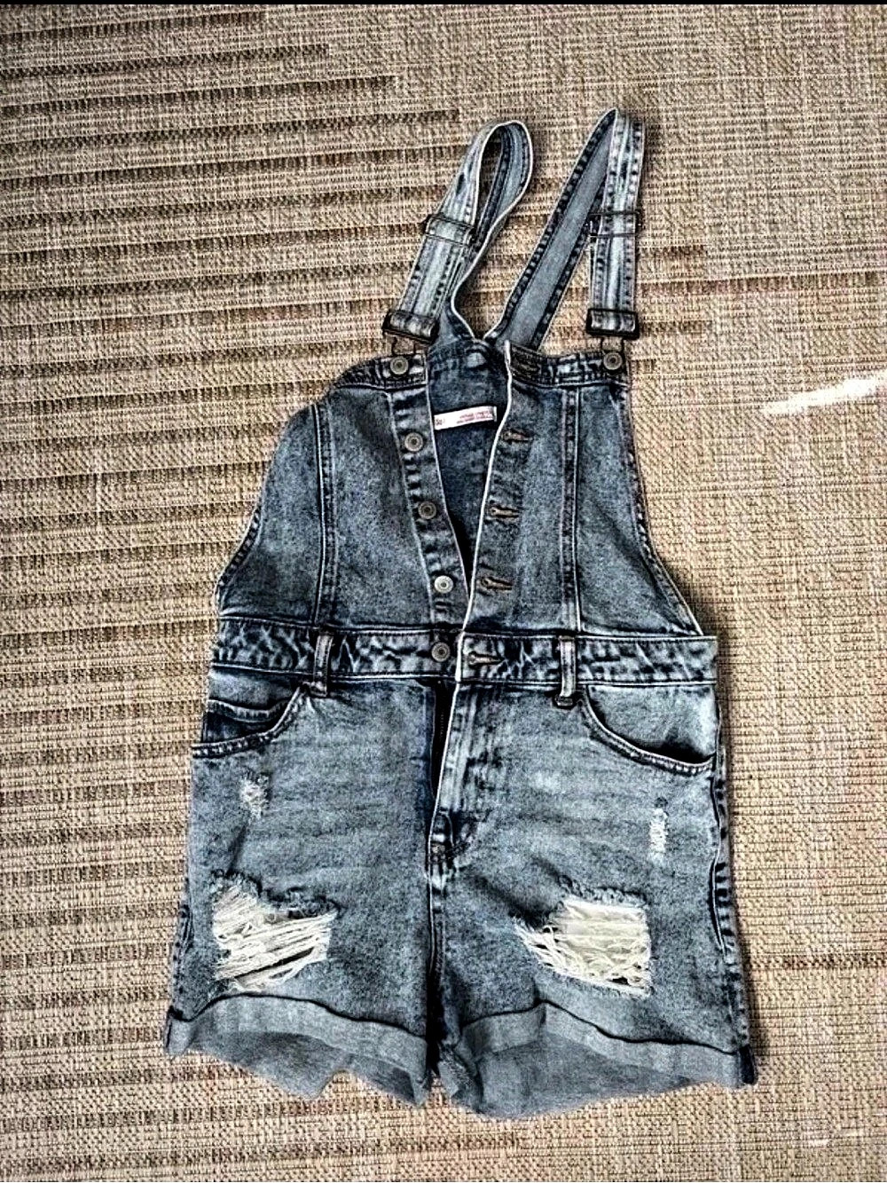 Distressed Denim Short Overalls in Blue